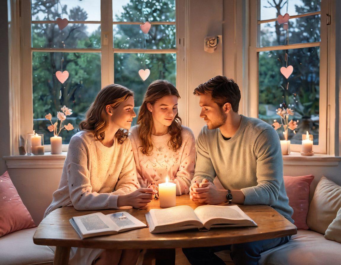 A serene couple engaging in deep conversation in a cozy, candle-lit room, surrounded by symbols of emotional intelligence like hearts and brains, showing warmth and connection. Soft pastel colors create a calming atmosphere, while subtle hints of nature peek through a window. Include a stack of relationship books on a table, reflecting knowledge and growth. watercolor style. warm tones. soft focus.
