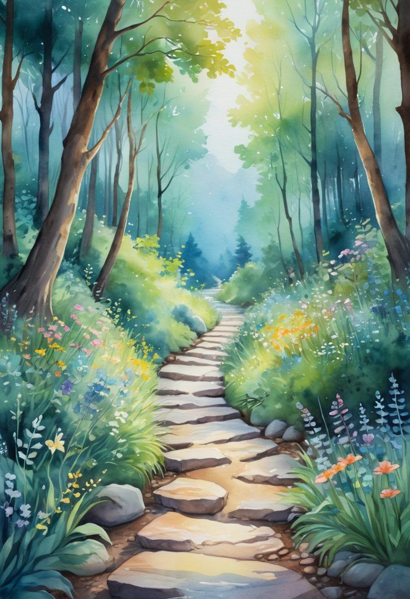 A serene path winding through a lush forest, symbolizing the journey of self-discovery, with soft glowing lights illuminating the way. Alongside the path, diverse individuals practicing mindfulness and love, exchanging warm smiles and moments of connection. Include vibrant flowers blooming, representing passion, and a gentle stream flowing nearby. Soothing color palette with pastel blues and greens. watercolor painting style.