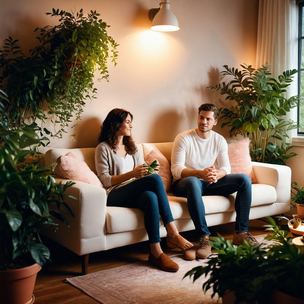 A warm, cozy setting with two people sitting together on a comfy couch, engaged in a deep conversation, surrounded by soft lighting and plants. Their body language radiates openness and trust, emphasizing effective communication. Include subtle heart shapes in the background to symbolize intimacy. The scene conveys warmth and connection. super-realistic. soft colors. intimate atmosphere.